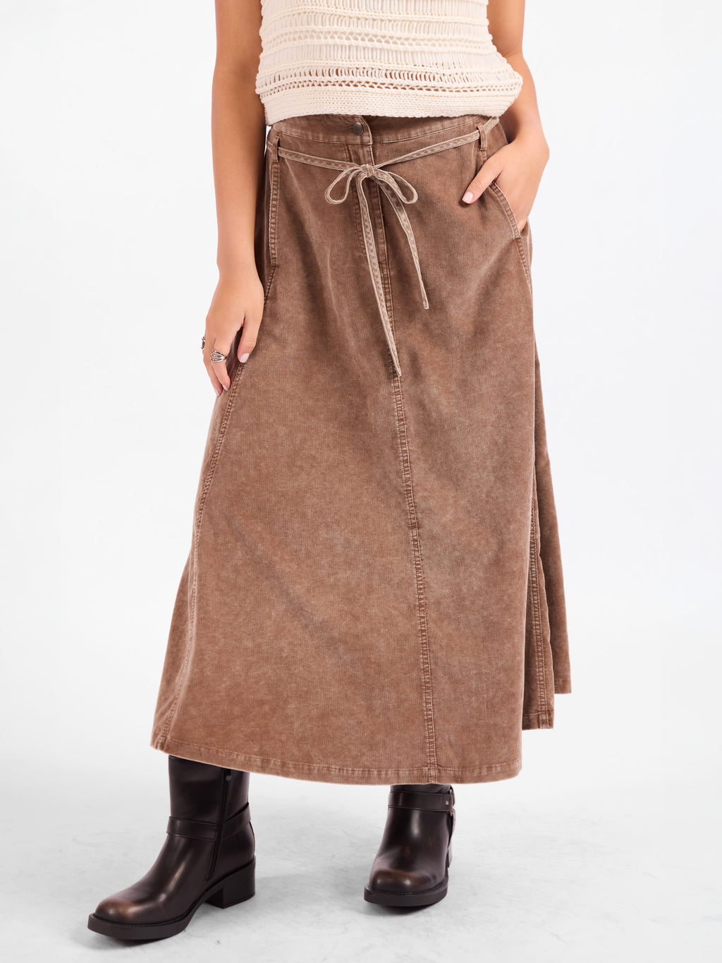 Get Like This Belted Midi Skirt - Washed Earth