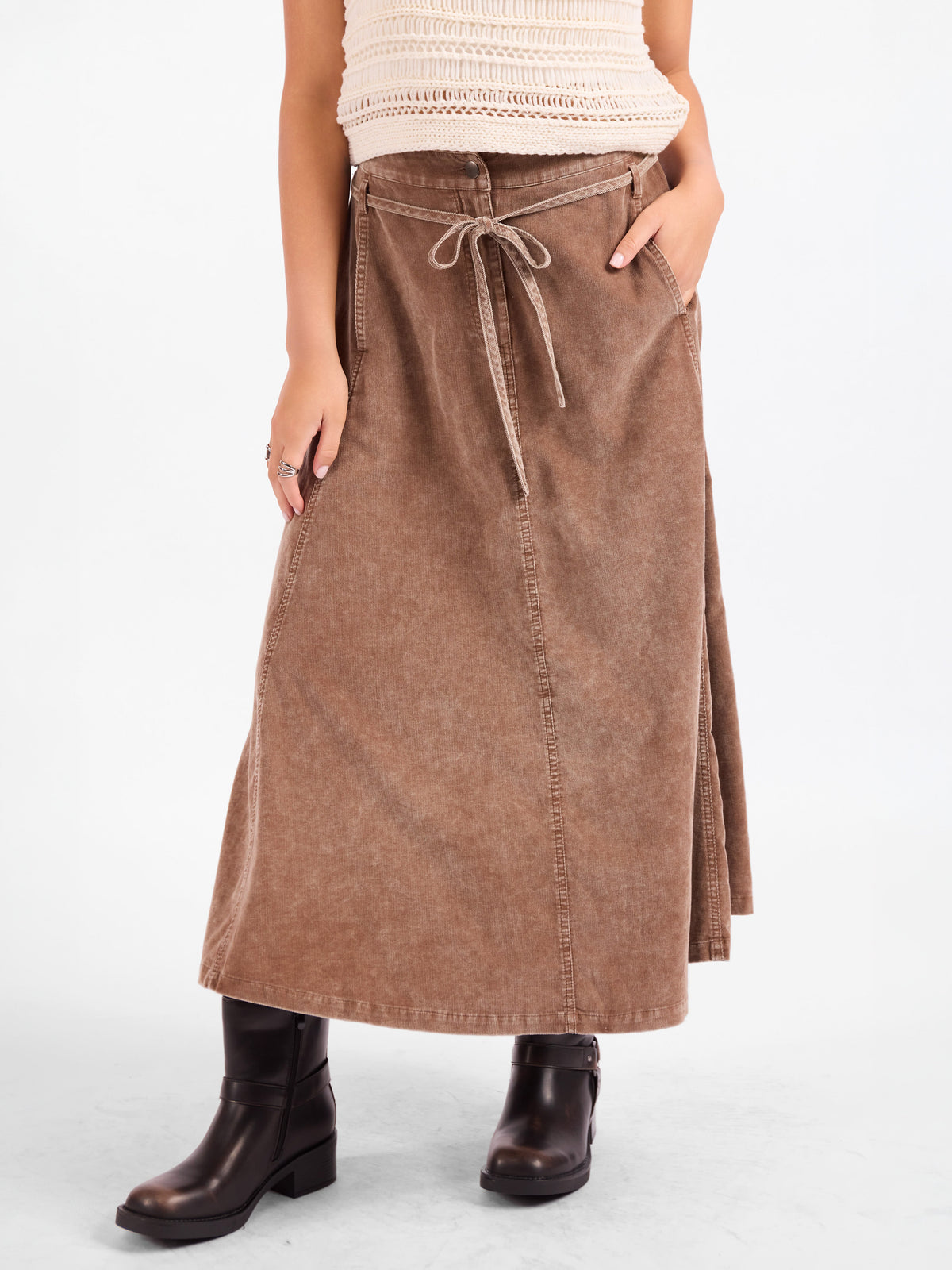 Get Like This Belted Midi Skirt - Washed Earth