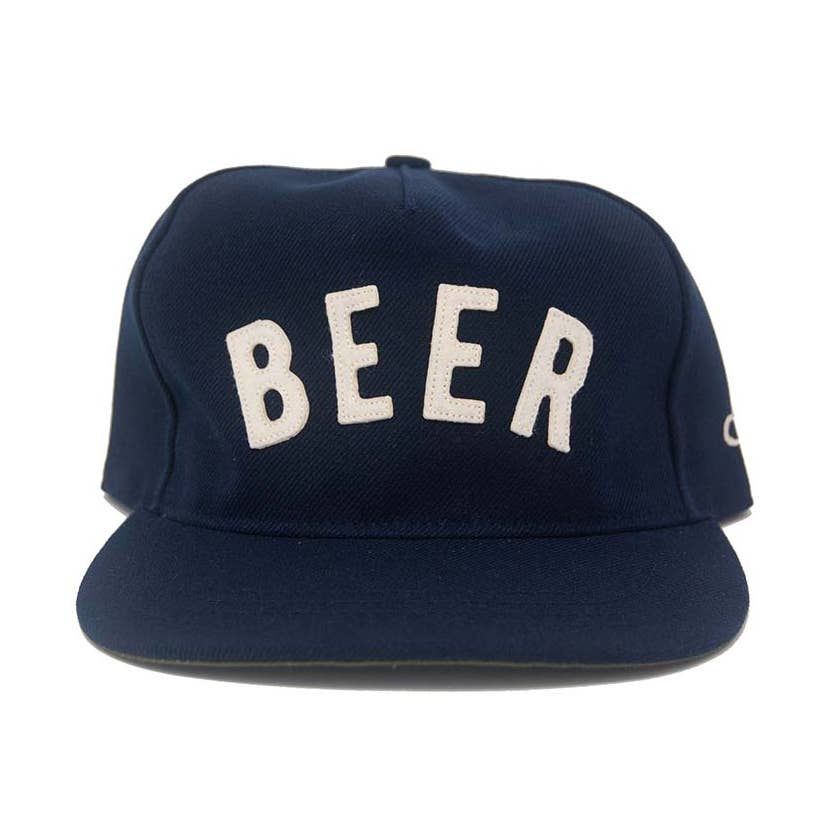 Navy blue cap with 'BEER' embroidered in white on a white background