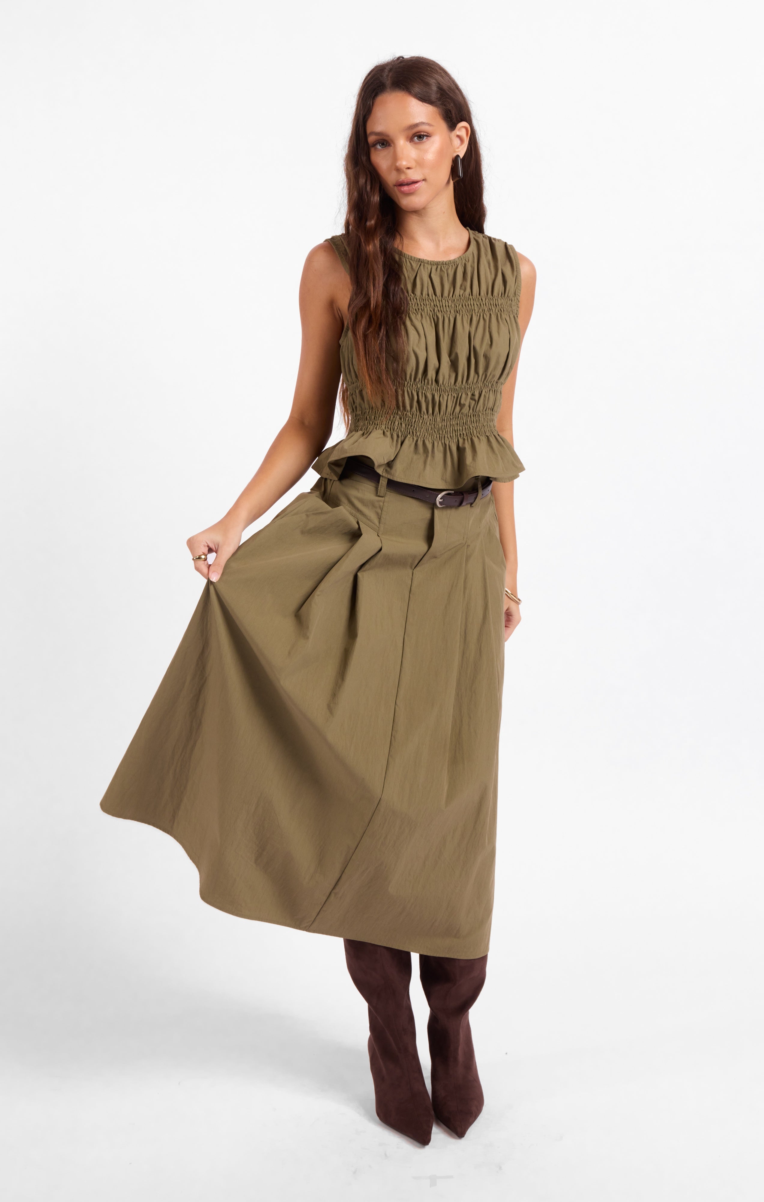 Central Park Midi Skirt W Belt - Olive