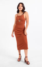 Soft Cedar Rib Knit Midi Dress - Rust