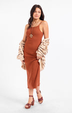 Soft Cedar Rib Knit Midi Dress - Rust