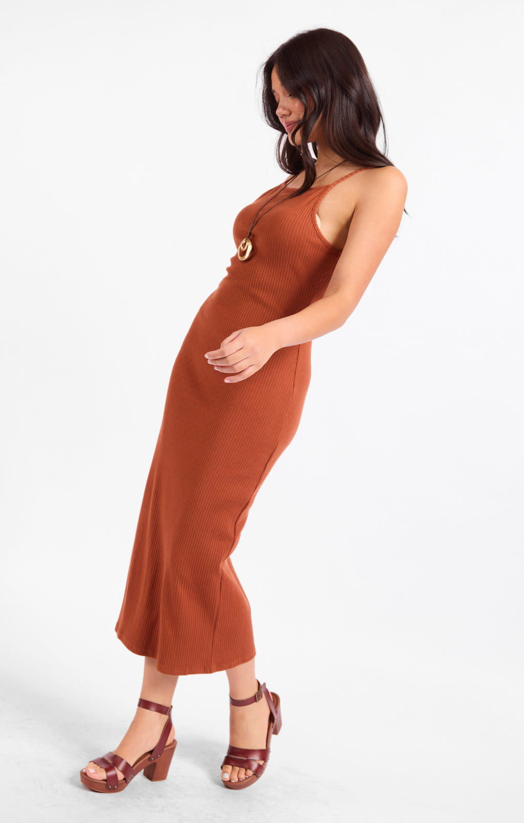Soft Cedar Rib Knit Midi Dress - Rust