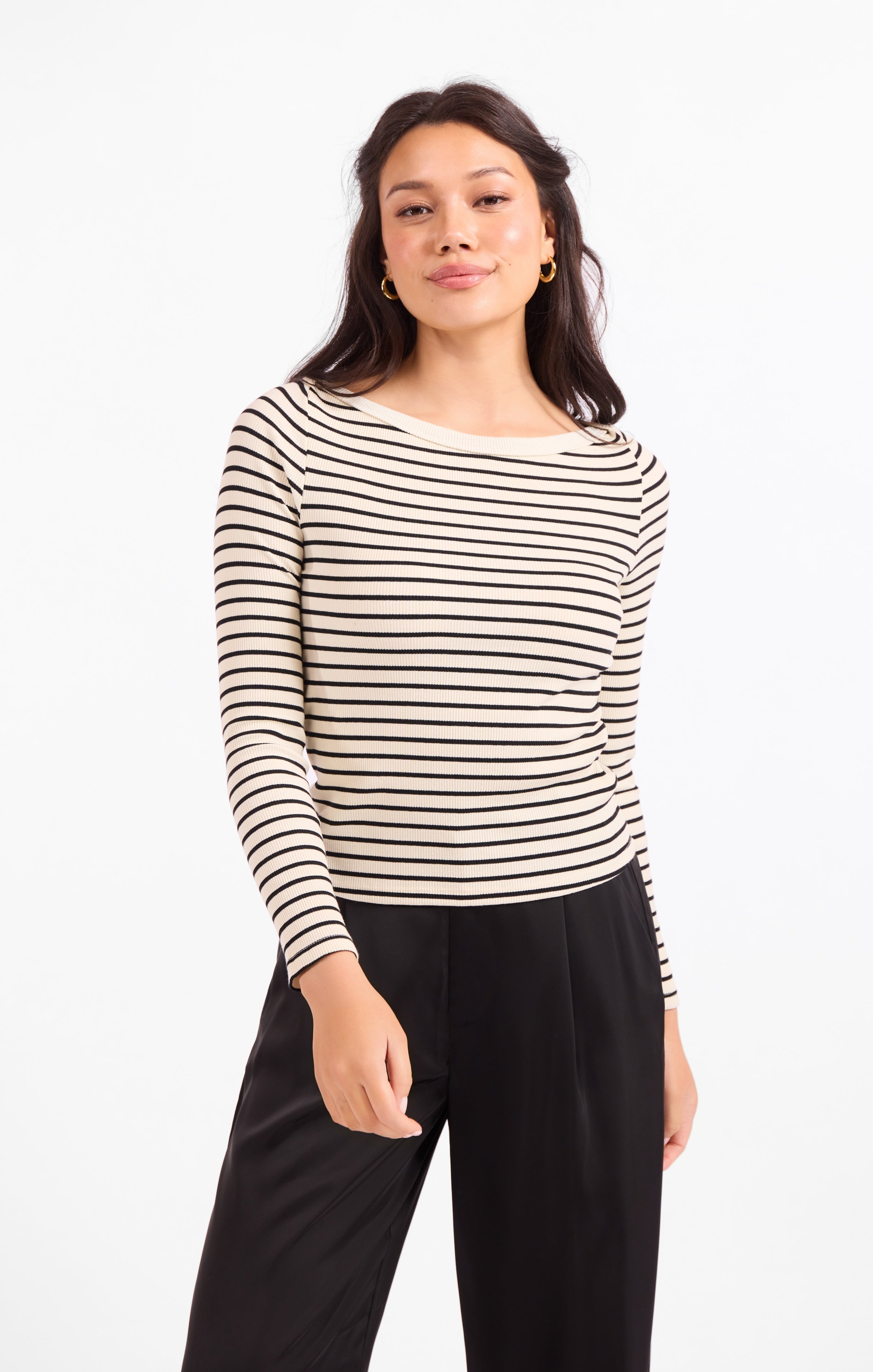 Brioche Boat Neck Knit Top - Cream Black