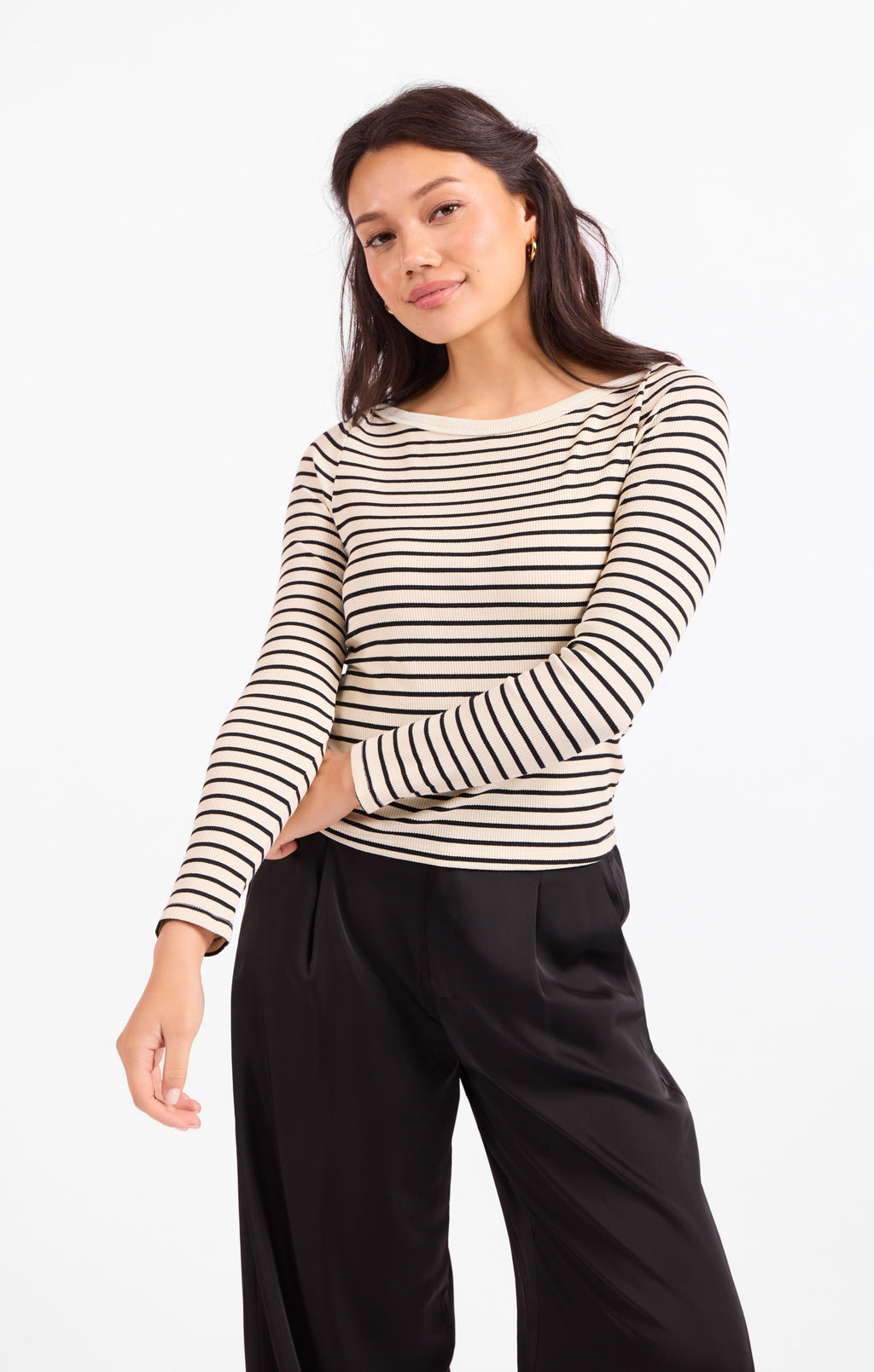 Brioche Boat Neck Knit Top - Cream Black