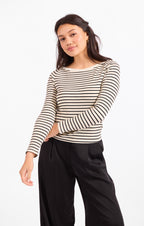 Brioche Boat Neck Knit Top - Cream Black
