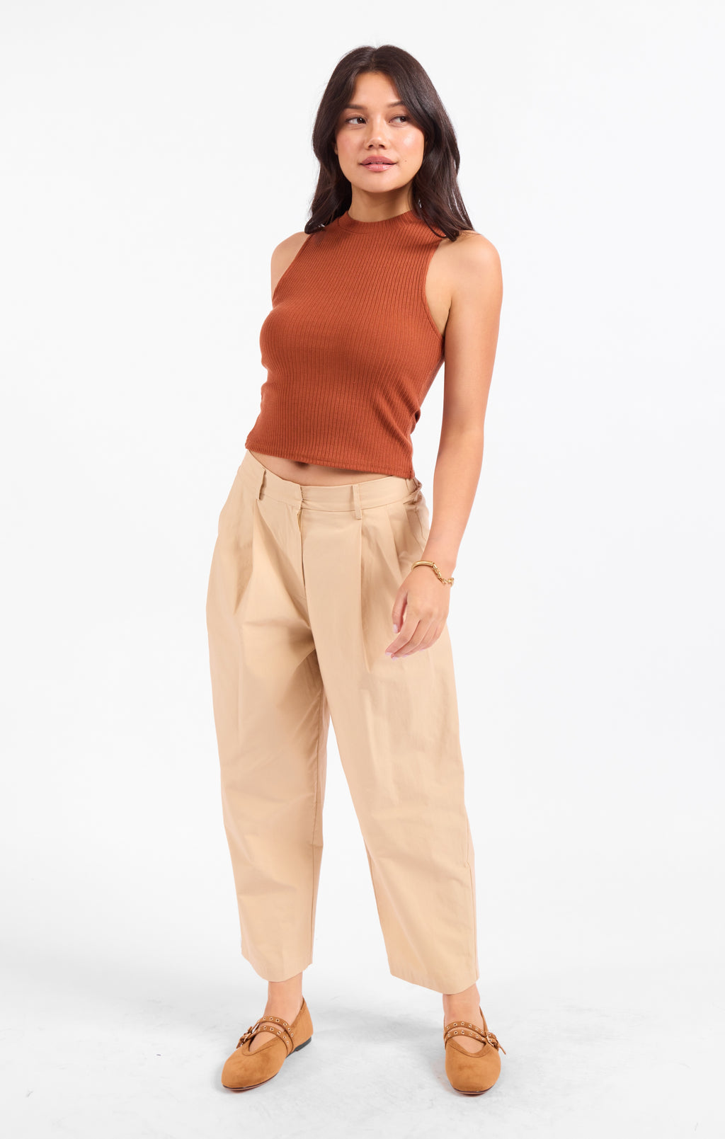 Soft Cedar Ruched Knit Tank - Rust