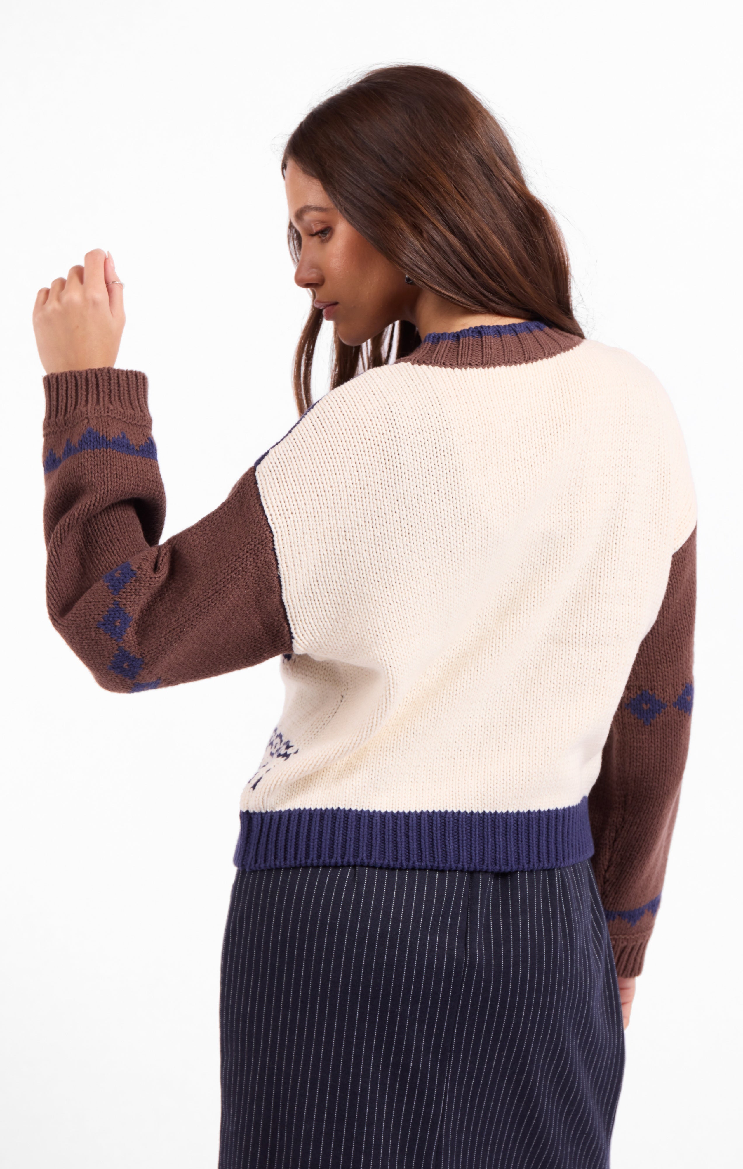 Sweet Rose Jacquard Zip Sweater Jacket - Navy Oak Multi