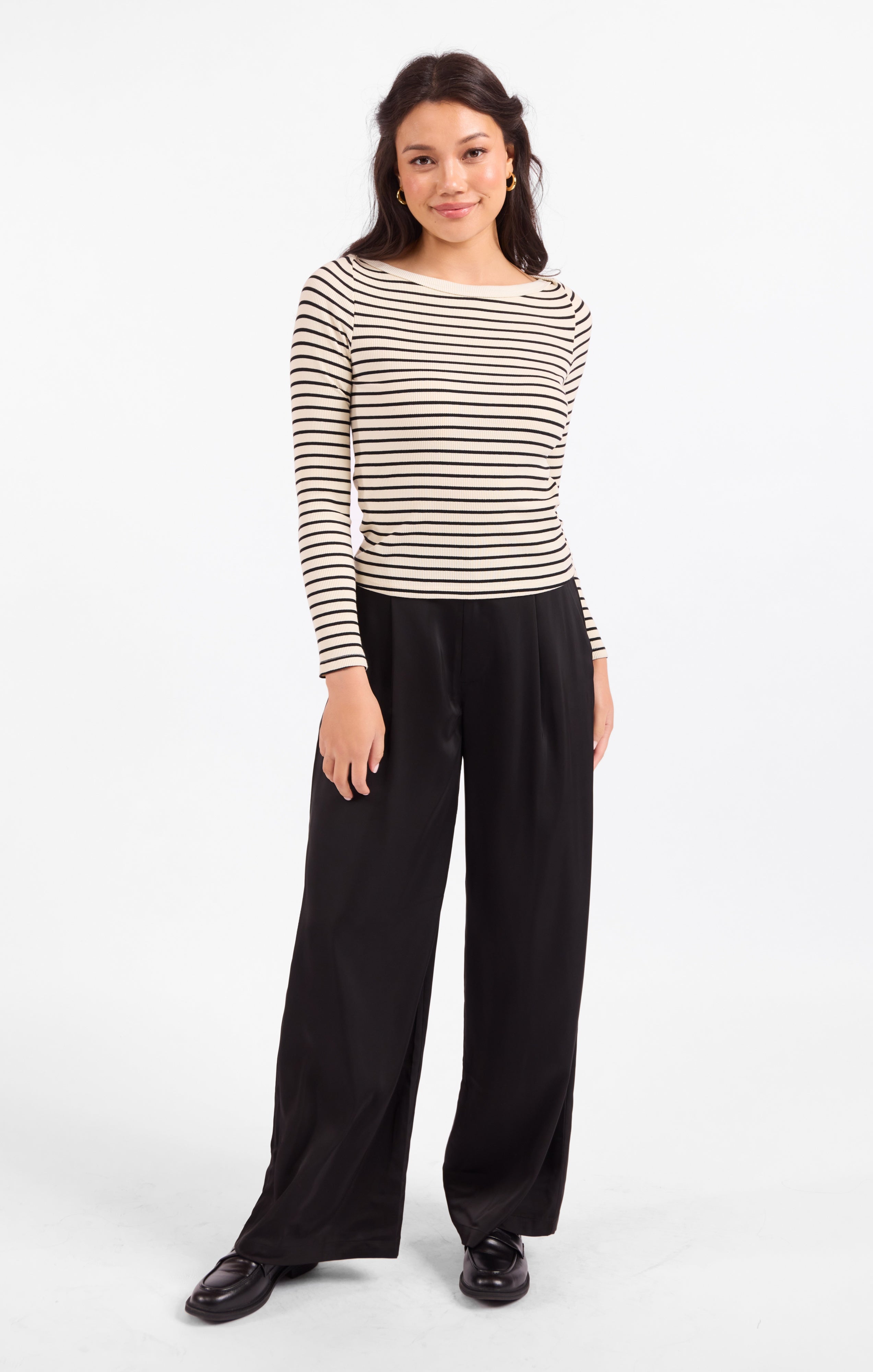 Brioche Boat Neck Knit Top - Cream Black