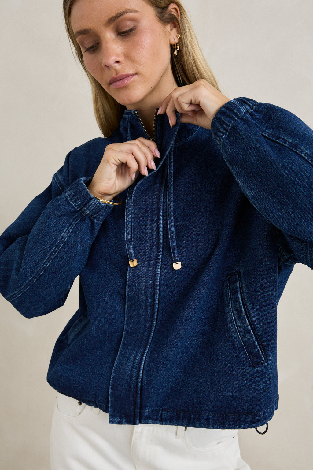 Women's Juna Denim Funnel Jacket - Dark Blue Wash