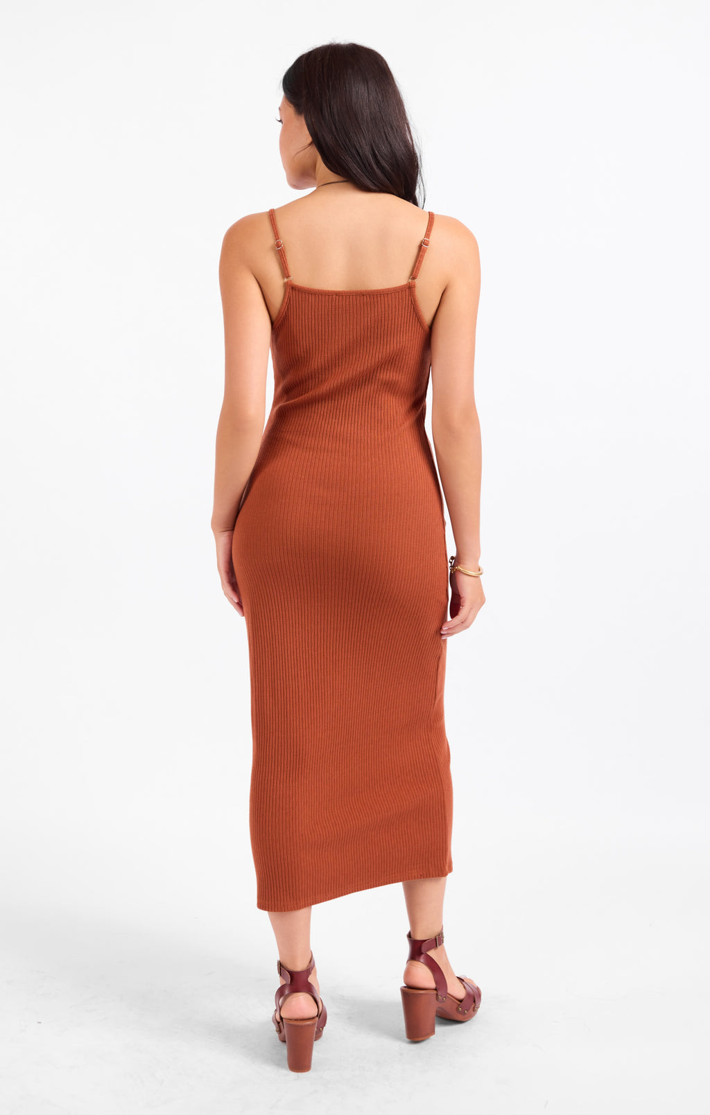 Soft Cedar Rib Knit Midi Dress - Rust
