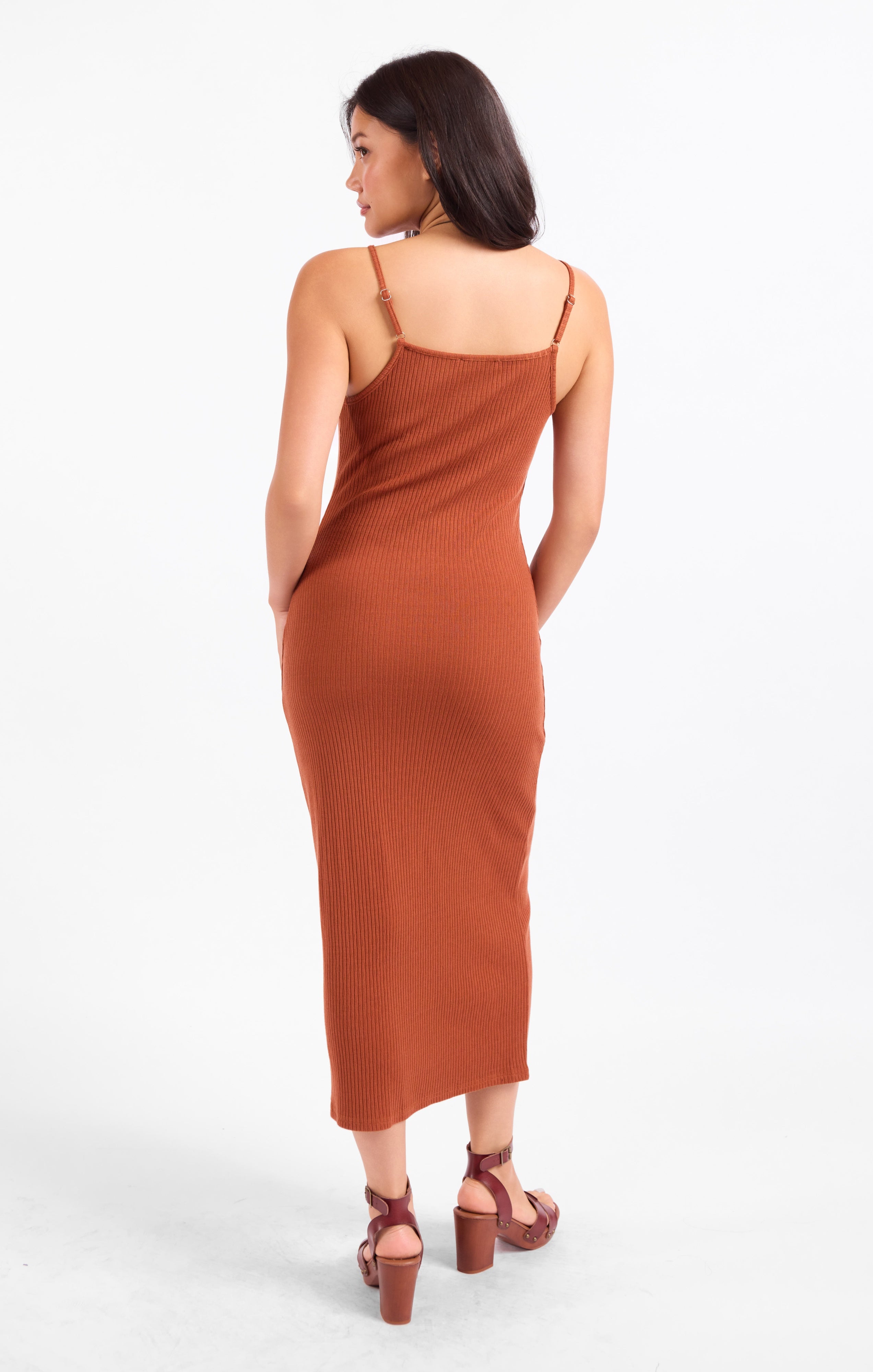 Soft Cedar Rib Knit Midi Dress - Rust