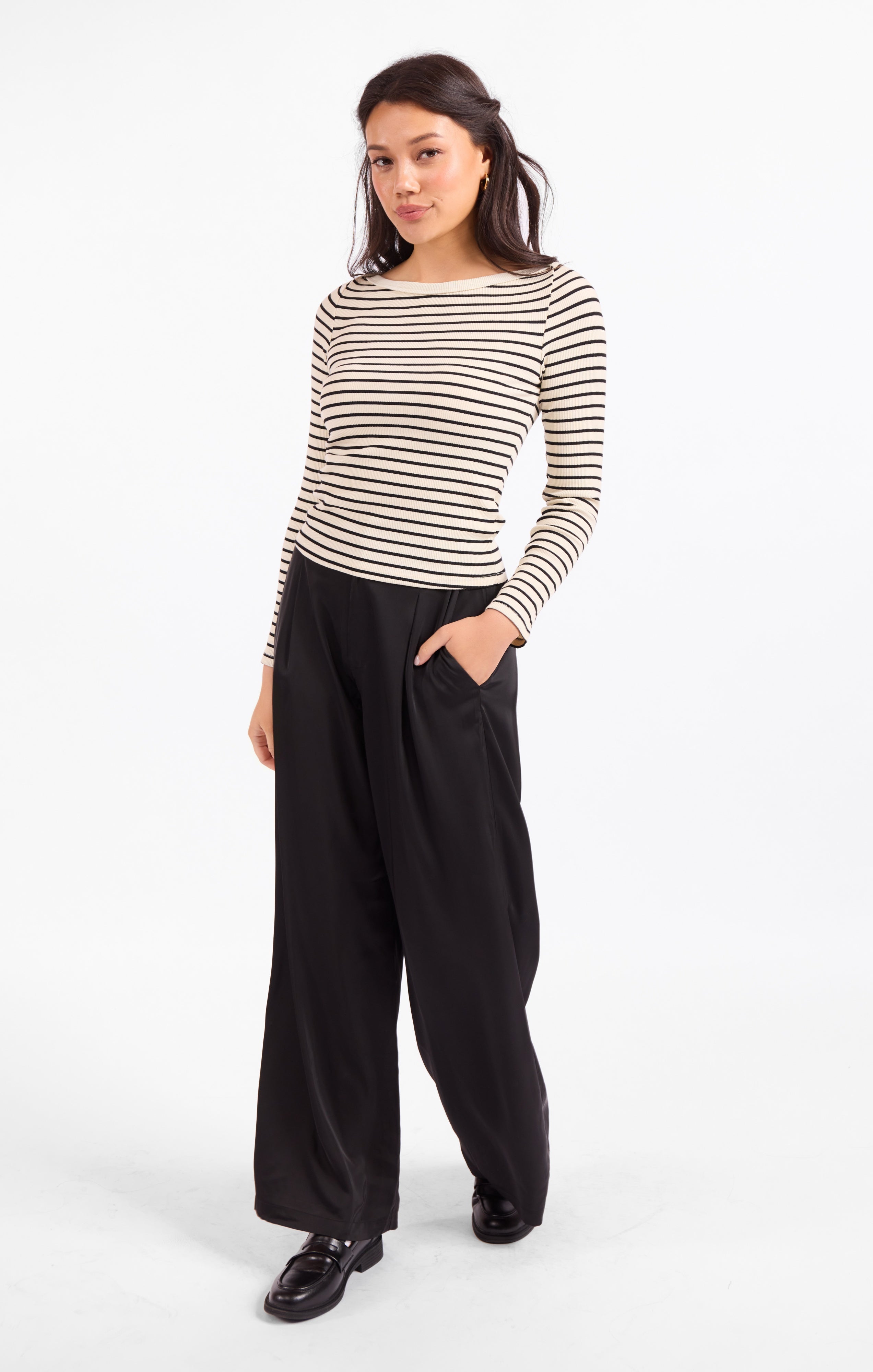 Brioche Boat Neck Knit Top - Cream Black