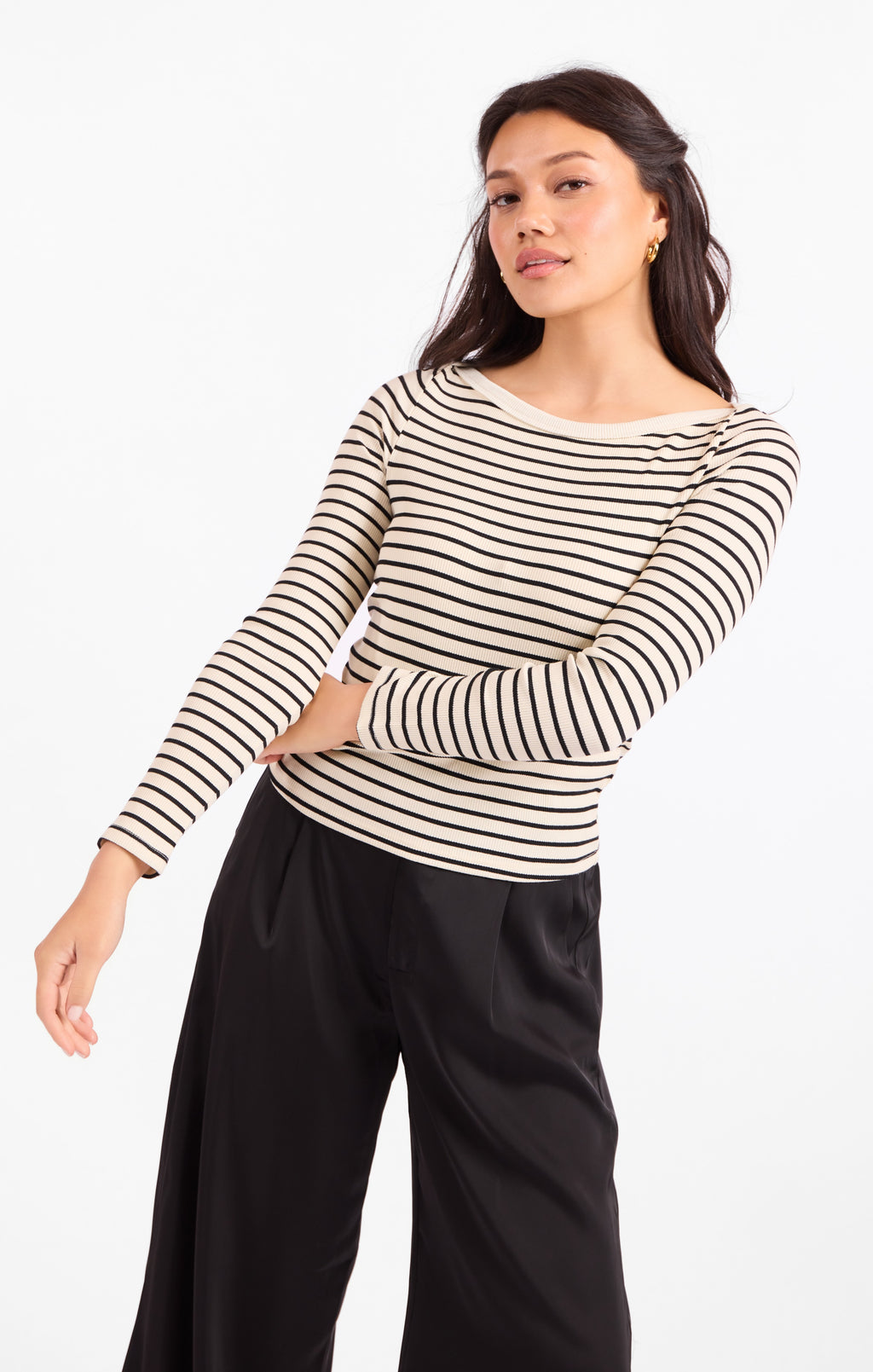 Brioche Boat Neck Knit Top - Cream Black