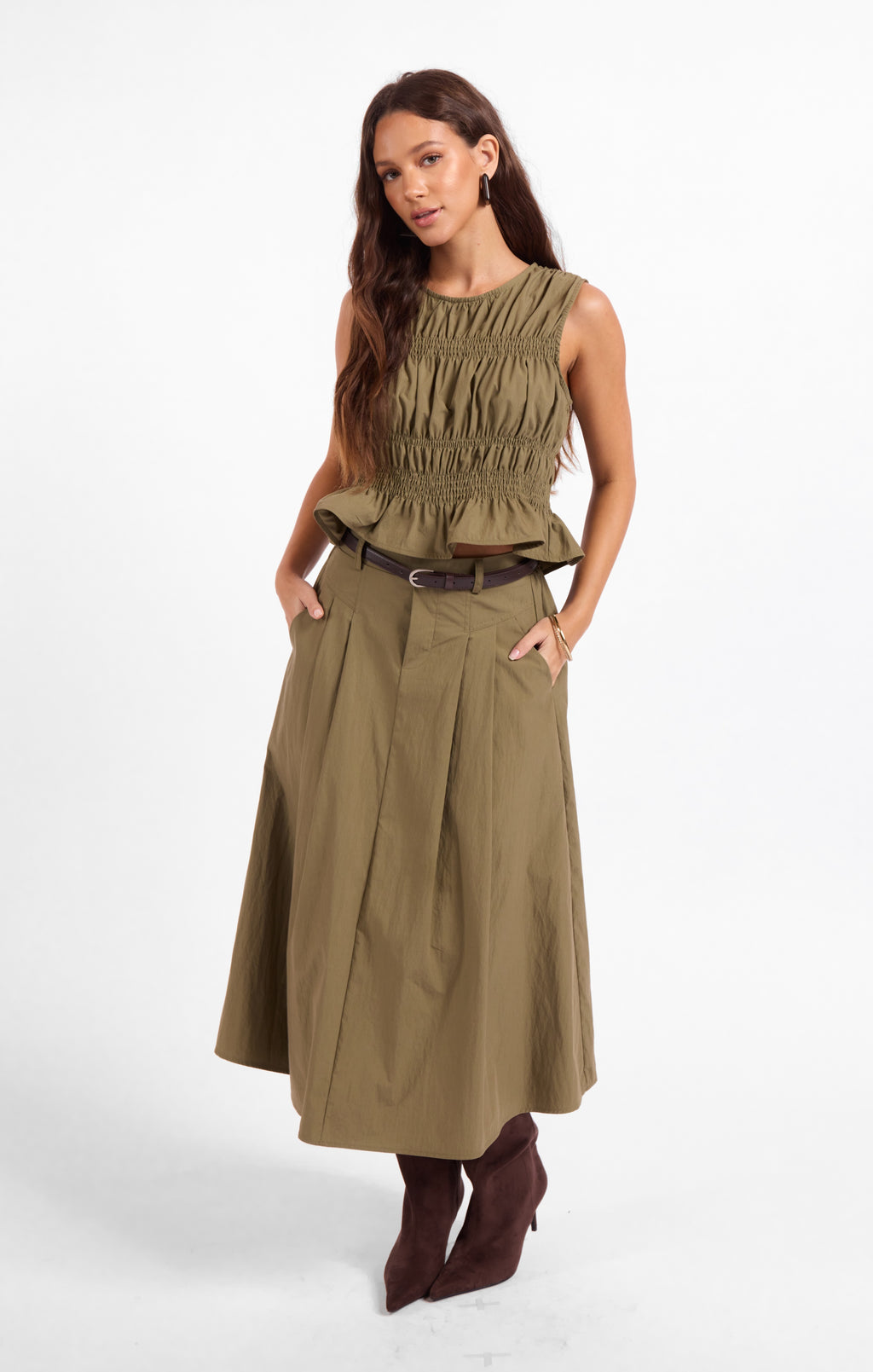 Central Park Midi Skirt W Belt - Olive