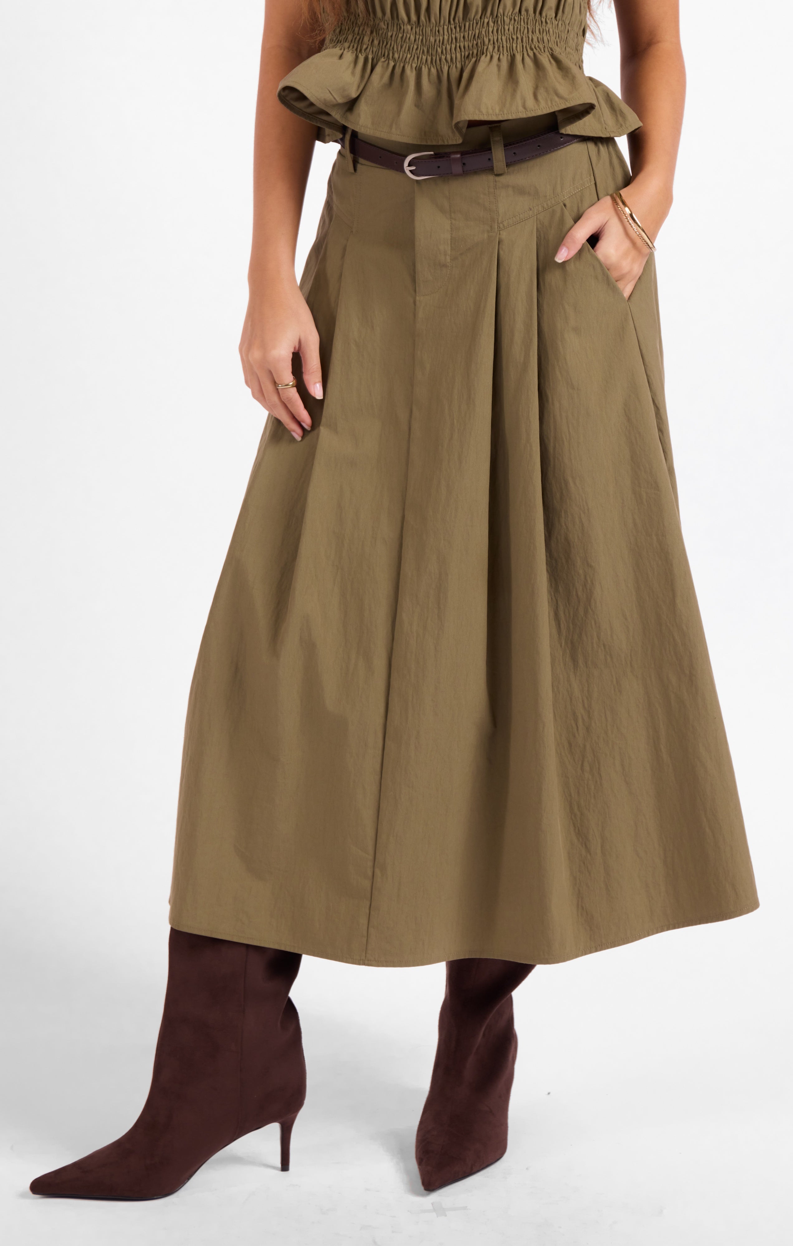 Central Park Midi Skirt W Belt - Olive