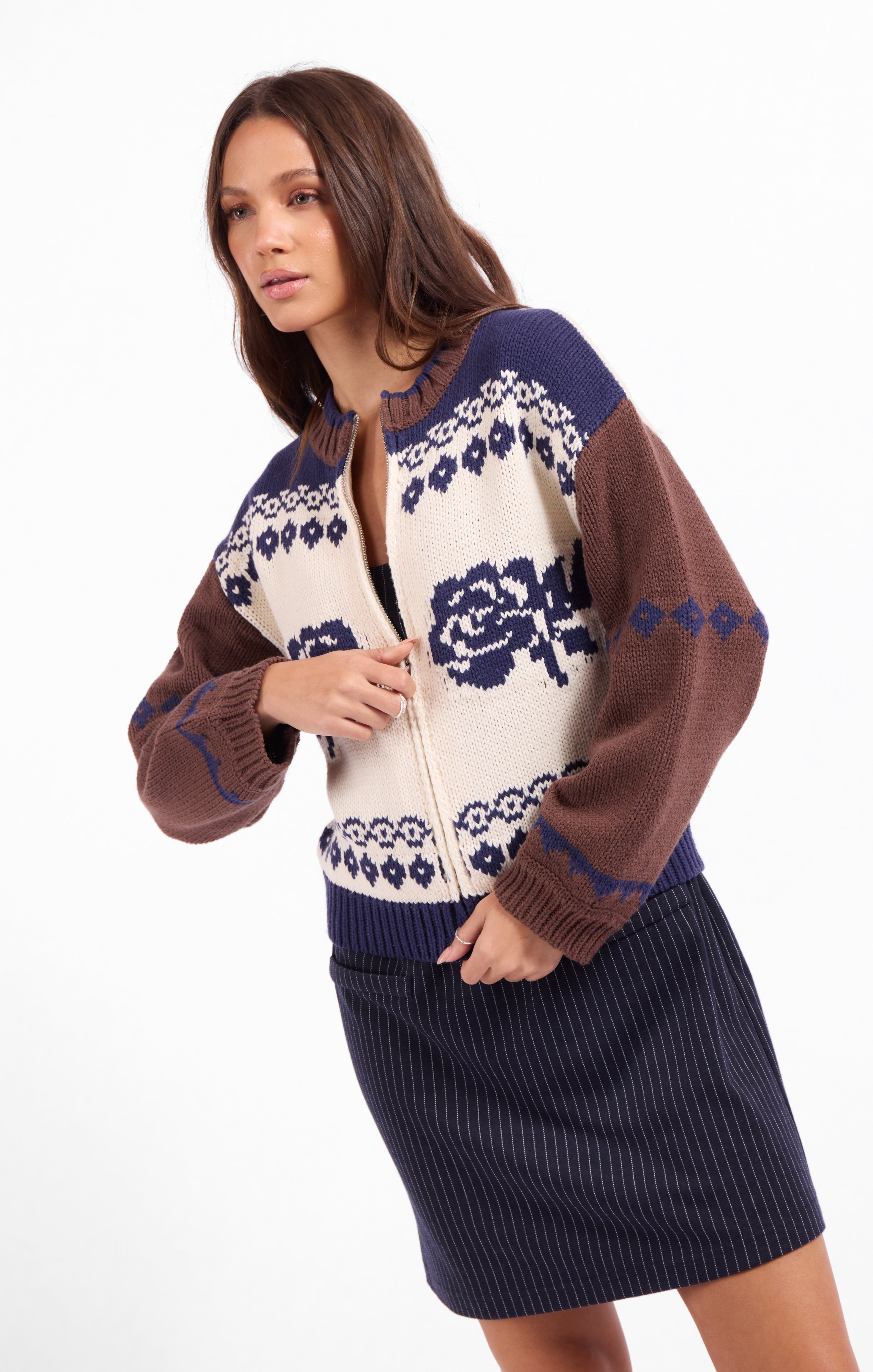 Sweet Rose Jacquard Zip Sweater Jacket - Navy Oak Multi