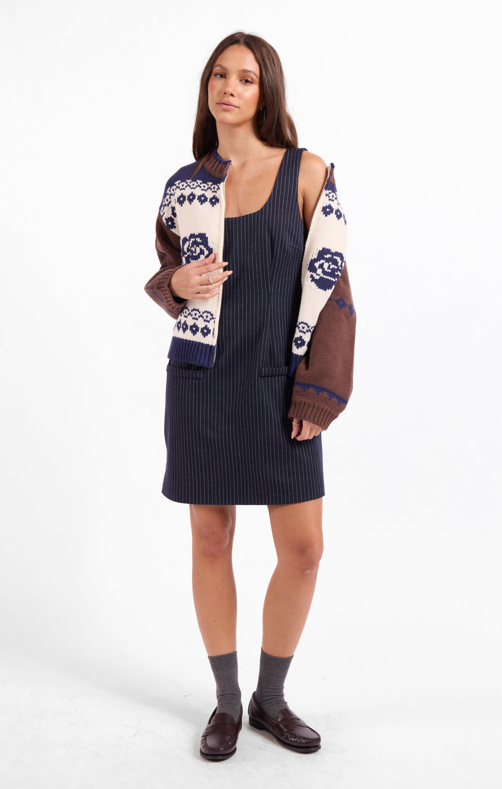 Sweet Rose Jacquard Zip Sweater Jacket - Navy Oak Multi