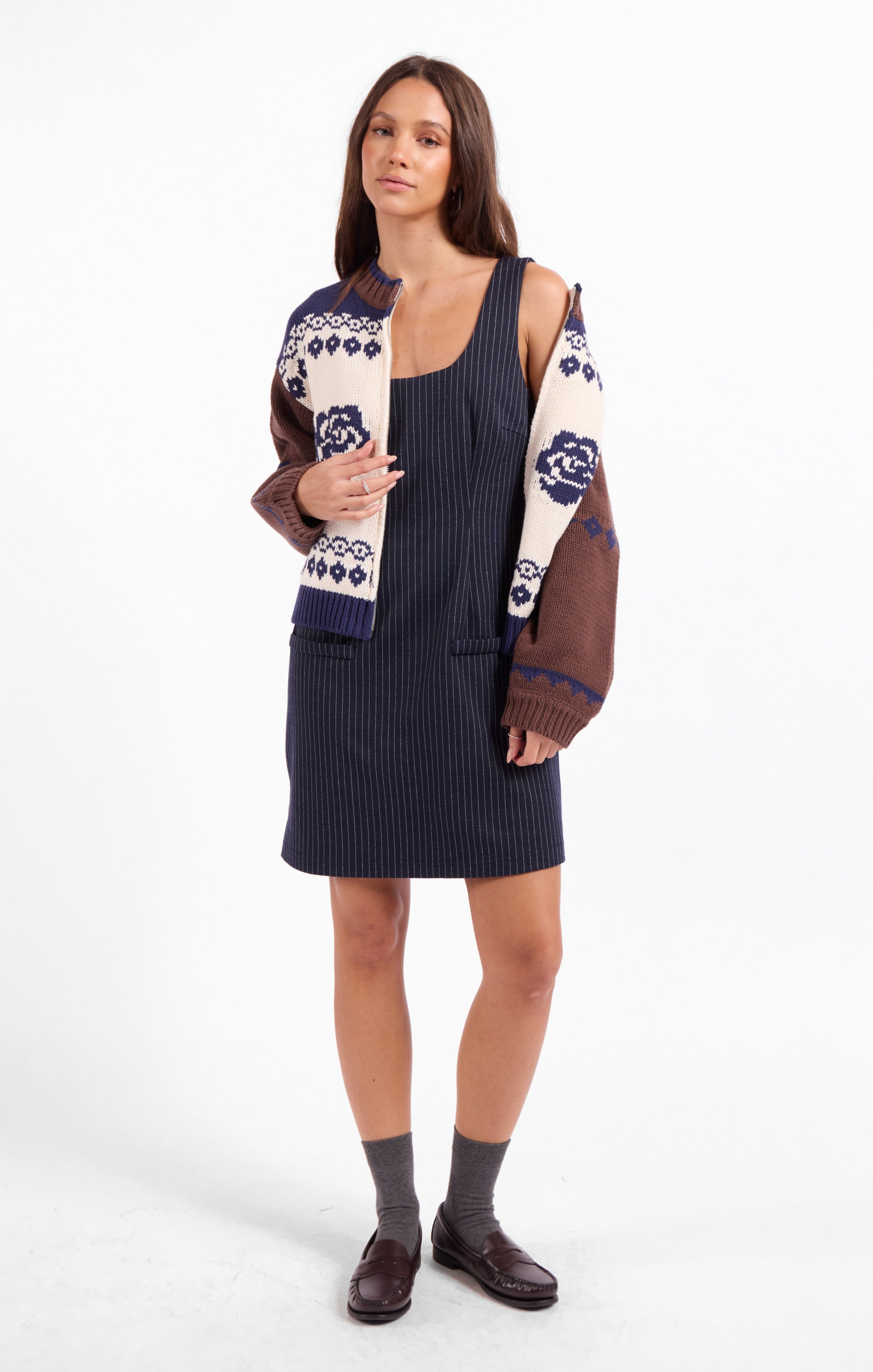 Sweet Rose Jacquard Zip Sweater Jacket - Navy Oak Multi