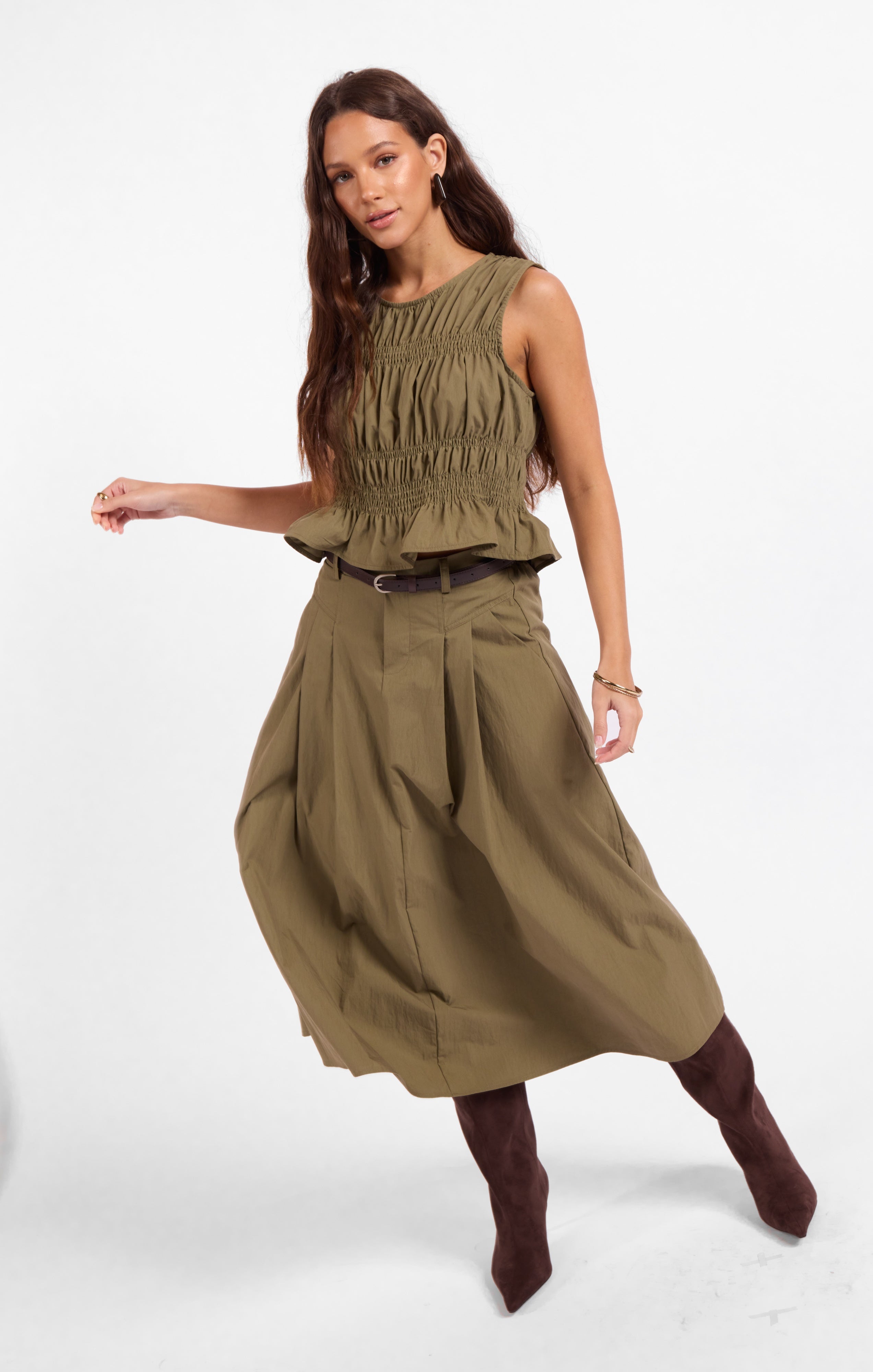Central Park Midi Skirt W Belt - Olive