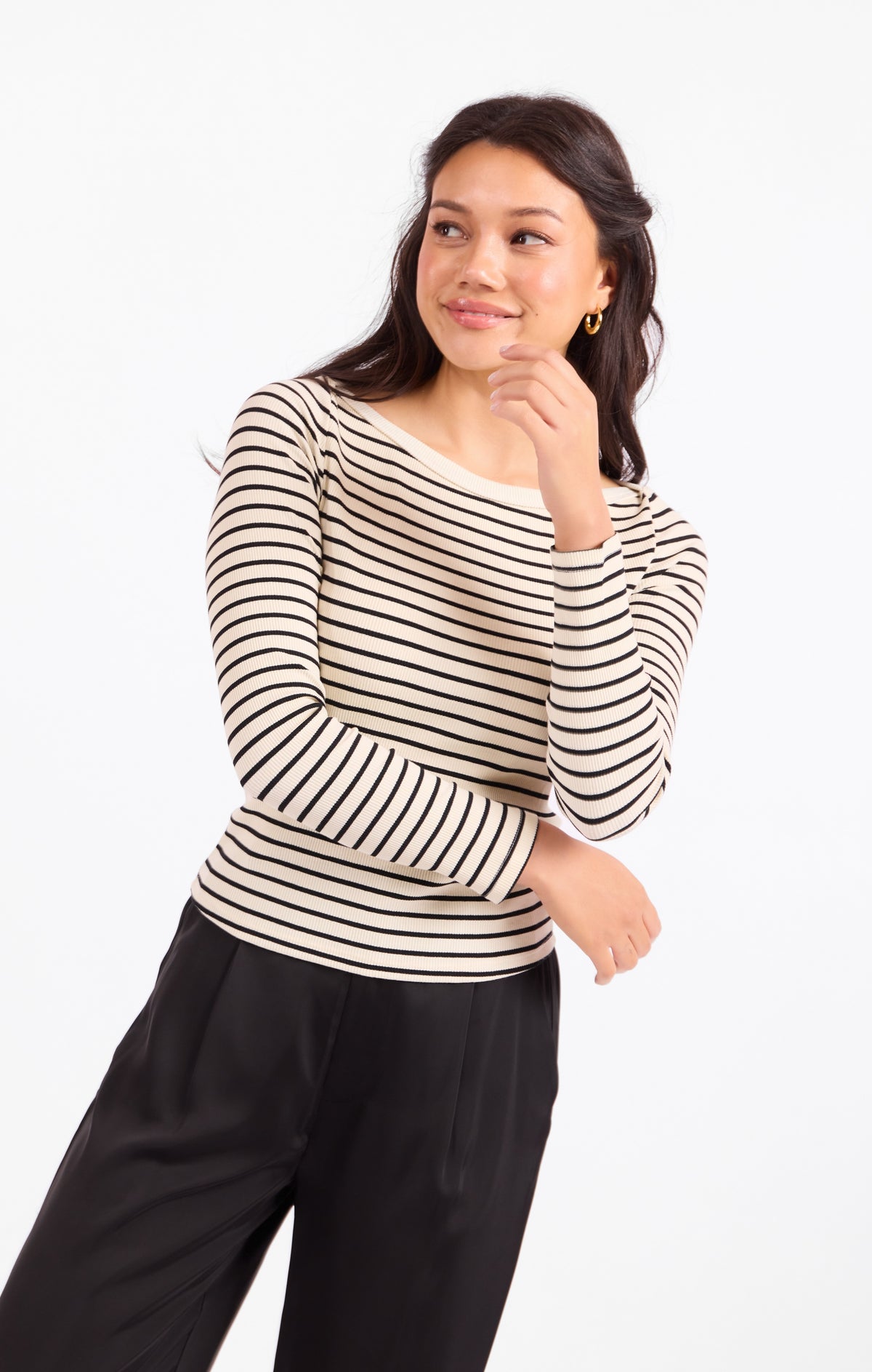 Brioche Boat Neck Knit Top - Cream Black