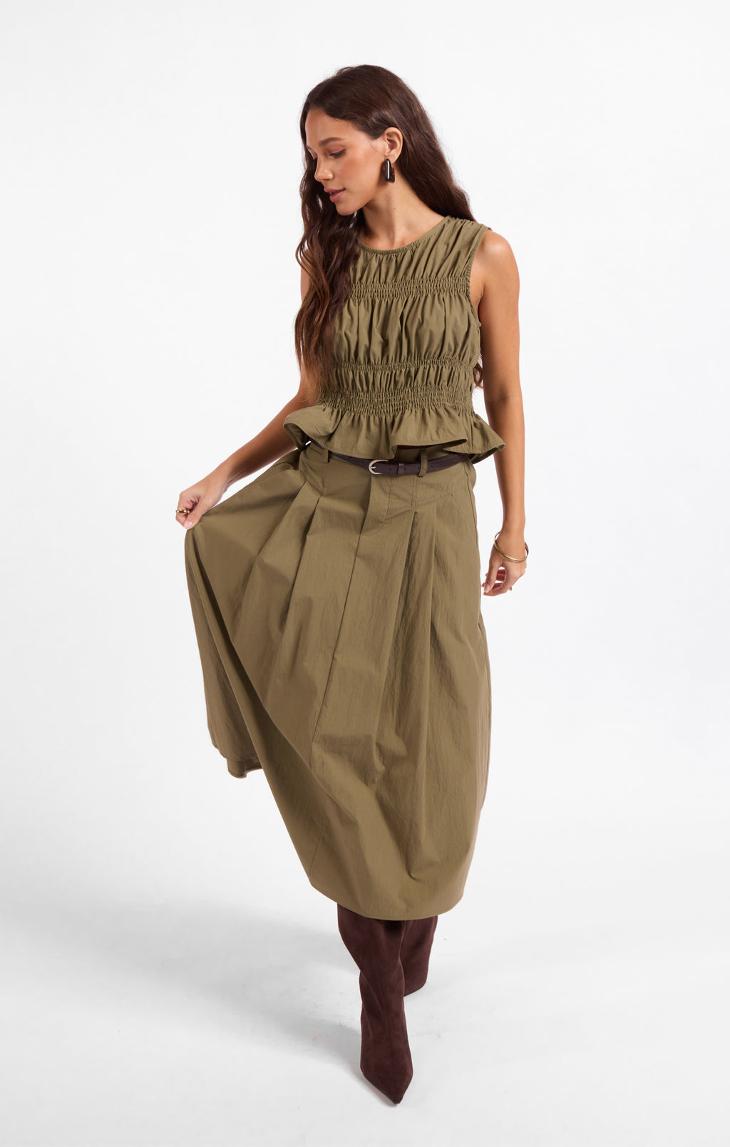 Central Park Midi Skirt W Belt - Olive