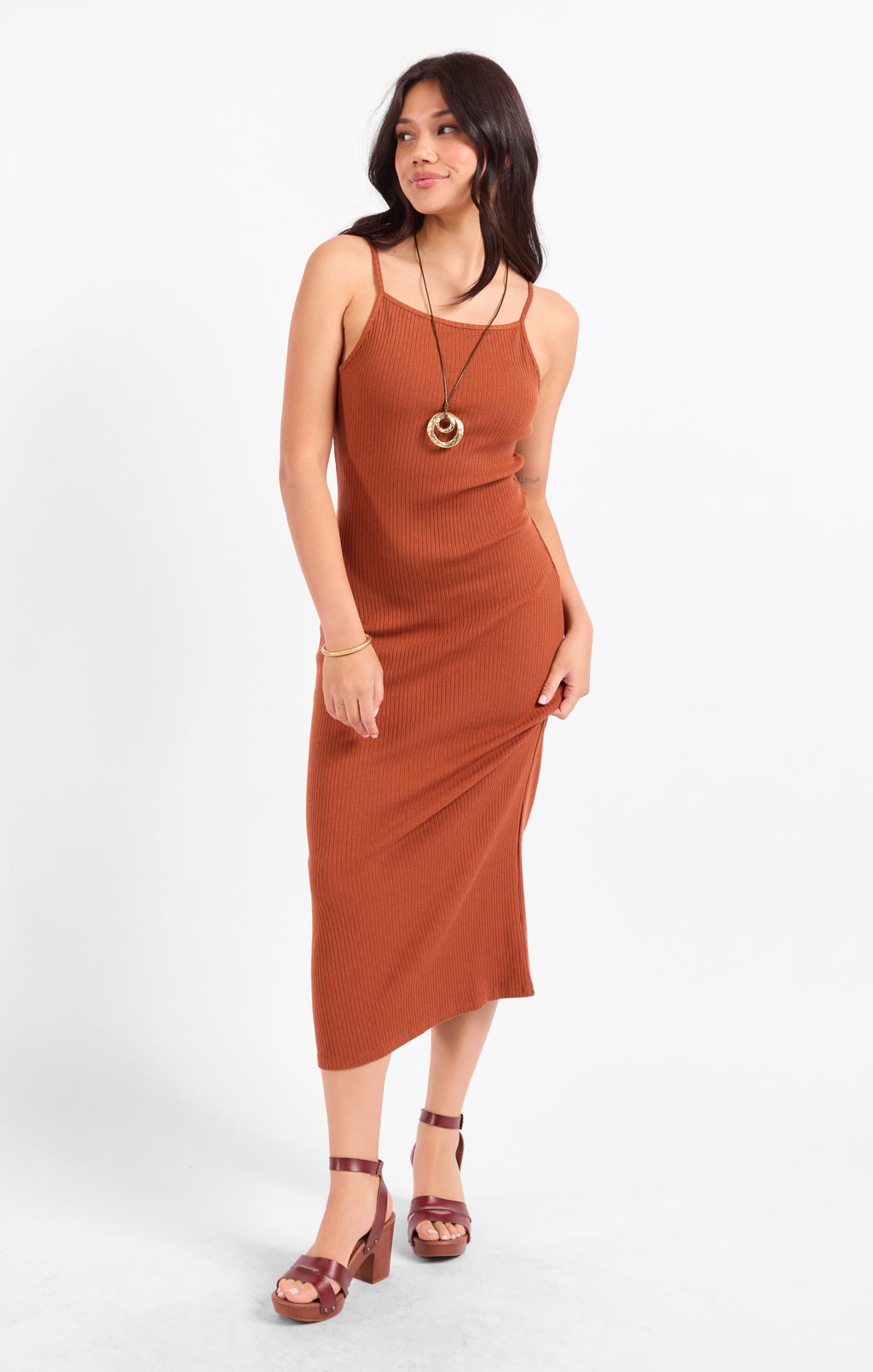 Soft Cedar Rib Knit Midi Dress - Rust