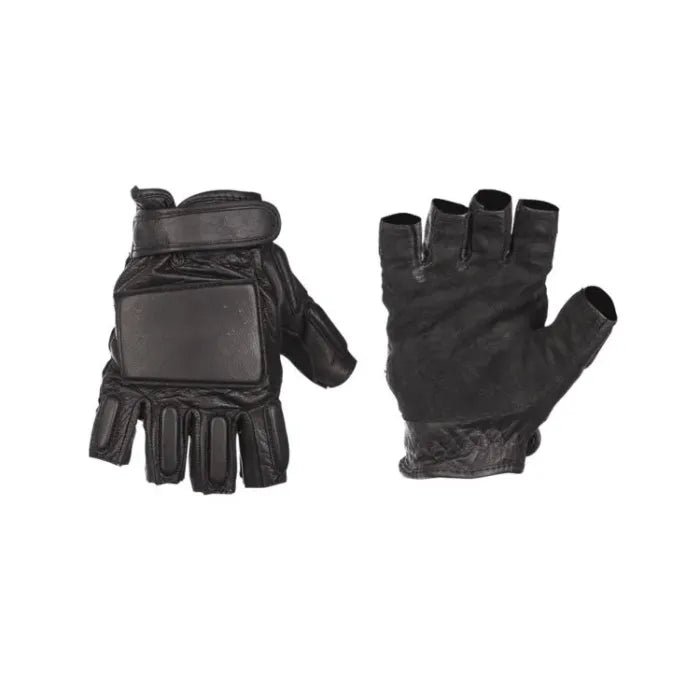 Mil-Tec Black Leather Security Fingerless Gloves - Black